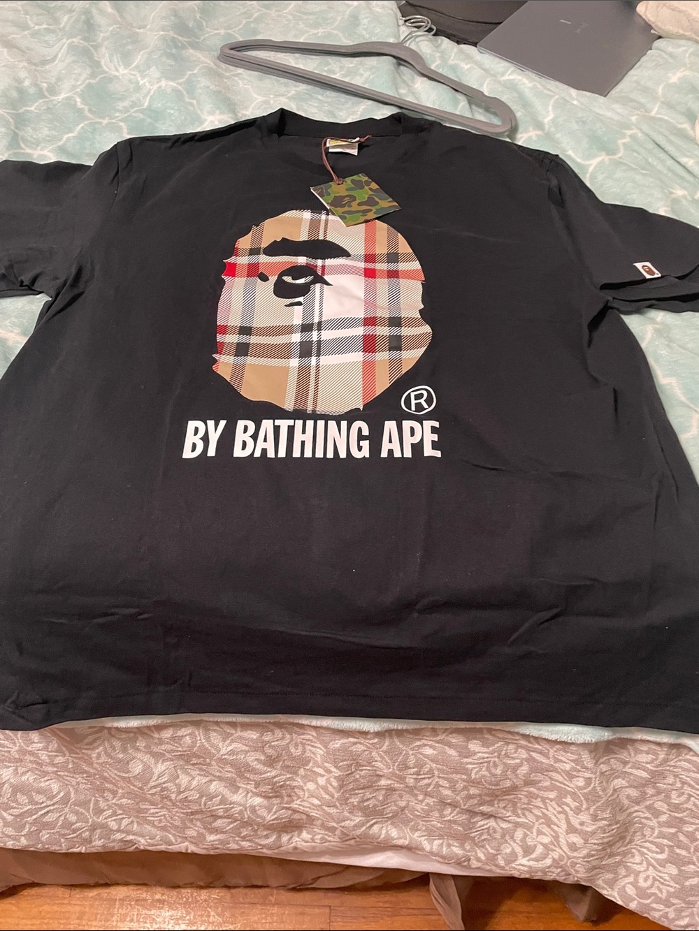 A Bathing Ape Black Short Sleeve Logo Tee with Plaid Ape Head